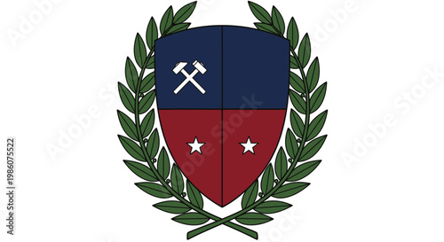 A detailed image of a heraldic shield emblem featuring crossed pickaxes and two stars, encircled by a green laurel wreath.