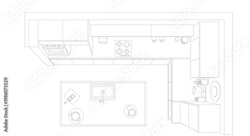 Detailed top-down line drawing of a modern kitchen layout featuring an L-shaped counter, integrated appliances, and a central island with a sink.