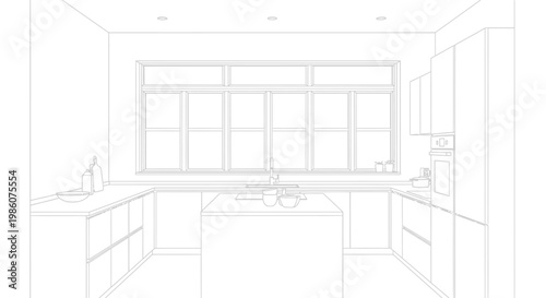 Detailed line drawing of a modern kitchen interior with island, large window, and cabinets.