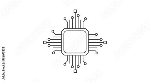Line art icon of a central processing unit (CPU) or microchip, depicting a square integrated circuit with pins and connections, symbolizing technology and computing.