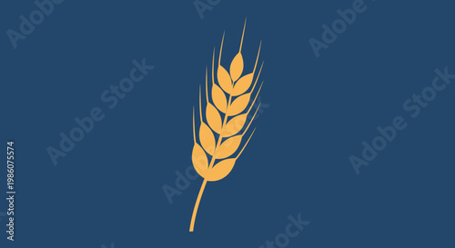 A minimalist graphic illustration of a single golden wheat ear or stalk standing upright against a solid dark blue background.