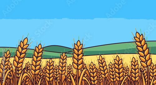 A vibrant illustration of a golden wheat field under a clear blue sky with rolling green hills in the background, depicting a bountiful harvest.