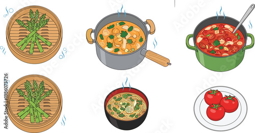 Traditional Cooking Process Illustration Set with Steaming Vegetables Boiling Soups Fresh Ingredients and Kitchen Utensils in Clean Minimal Vector Style