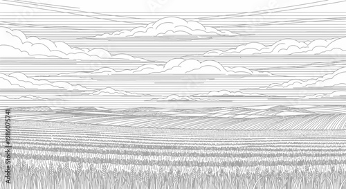 Detailed black and white line art illustration of a vast rural landscape with fields, rolling hills, and a cloudy sky.