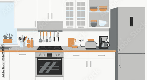 Modern kitchen interior with white cabinets, light wood countertop, appliances, and various cooking utensils.