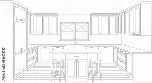 Detailed line drawing of a modern kitchen interior with a central island, extensive cabinetry, and a window above the sink area.
