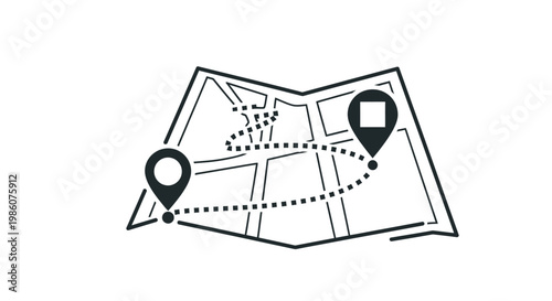 Line art illustration of a folded map showing a dotted route between two location pins, representing navigation or travel planning.