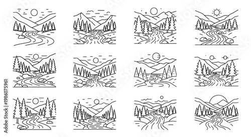 Minimalist line art depicting a winding river through mountainous landscapes