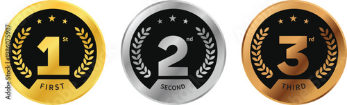 Premium Gold Award Seal icons for first, second, and third place winners. Black, gold, silver, and bronze colors with a laurel wreath. Isolated on a white background.