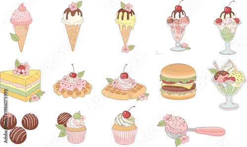 Cute Dessert and Ice Cream Collection with Cones Sundaes Cupcakes Cakes Waffles Chocolates and Sweet Treats in Soft Pastel Minimal Vector Style