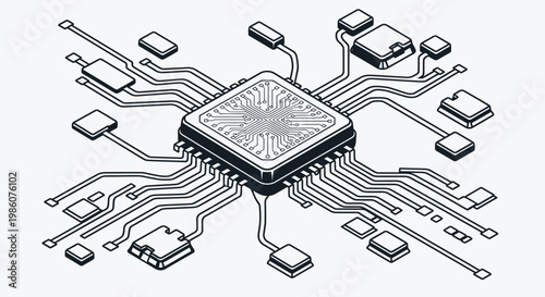 Detailed isometric line art illustration of a central microchip surrounded by various electronic components and circuit traces on a printed circuit board.