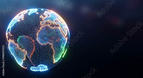 Abstract global data transfer and blockchain technology with earth hologram.