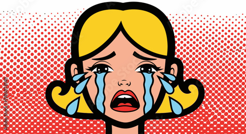 Sad Woman Crying with Tears in Pop Art Comic Book Style Illustration on Red Halftone Background
