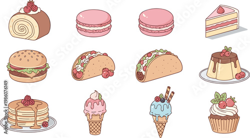 Dessert and Fast Food Illustration Set with Cakes Macarons Burger Taco Ice Cream Cupcake and Sweet Snacks in Cute Minimal Vector Style