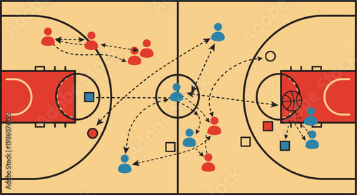 Detailed Basketball Court Strategy Diagram Showing Player Movements and Offensive Plays