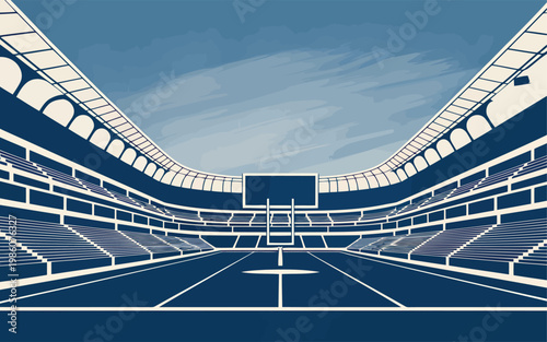 Empty stadium with a running track and blue sky above