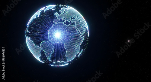 Abstract tech background with digital globe and global communication lines.