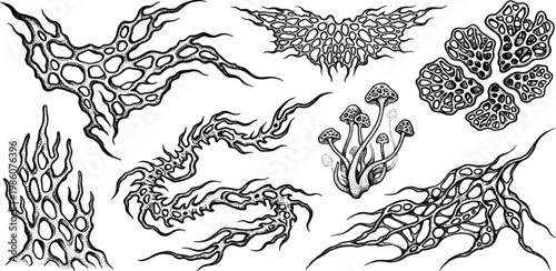 Collection of intricate dark fantasy organic abstract patterns and biological textures, perfect for spooky designs and grotesque alien art projects, offering a unique visual aesthetic