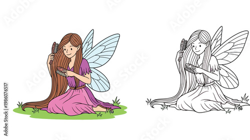 Cute magical fairy girl brushing her long hair sitting on grass, color illustration and black and white line art coloring page vector design