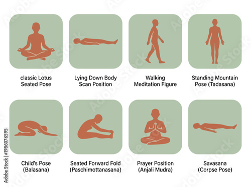 Vector illustration of yoga and meditation poses icons set with classic lotus, tadasana, savasana