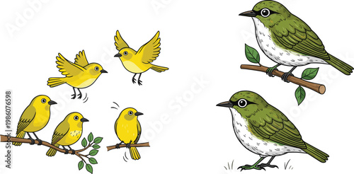 Cute Small Birds Collection Illustration with Yellow and Green Birds Perched and Flying in Nature Themed Minimal Cartoon Vector Style