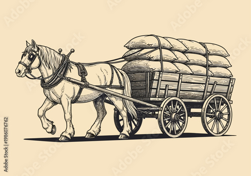 Vintage Engraving of a Horse-Drawn Wagon Loaded with Sacks of Grain
