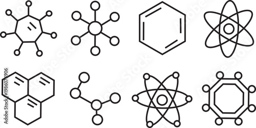 Vector illustration of a man and woman holding a chain connection in an atomic science structure design featuring molecular energy patterns and chemical technology icons
