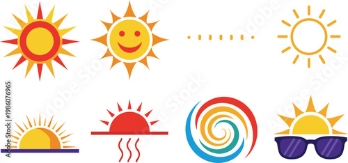 Sun and summer icon set featuring sunshine sunrise sunset heat waves sunglasses and weather symbols collection
