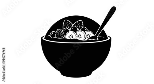 Fruites Black and white bowl of oatmeal with fruit, breakfast cereal illustration, healthy food icon, vector graphic isolated on White Background vactor EPS