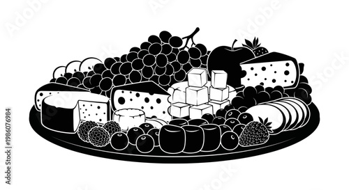 Fruites Black and white cheese board, gourmet food illustration, wine and cheese platter, fruit arrangement isolated on White Background vactor EPS