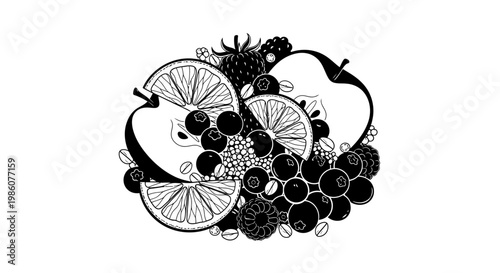 Fruites Fresh Fruit Icons, Black and White Illustrations, Citrus Fruits, Berries, Vector Graphics isolated on White Background vactor EPS