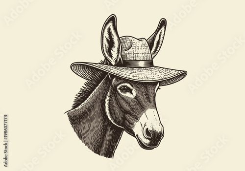 Vintage Engraving of a Donkey Wearing a Straw Hat - Rustic Farm Animal Portrait in Hand-Drawn Woodcut Style