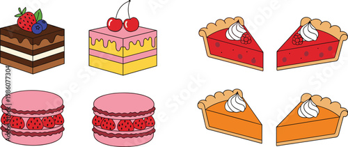 Sweet Dessert Cake and Pastry Illustration Set with Chocolate Strawberry and Fruit Pie Slices for Bakery Menu and Confectionery Food Design Collection