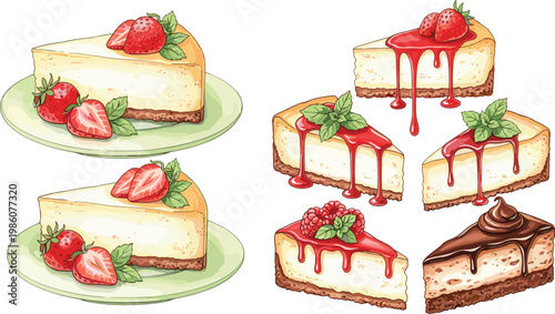 Cheesecake Dessert Illustration Set with Strawberry Topping Chocolate Slice and Cream Cheese Cakes for Bakery Menu and Sweet Food Design Collection