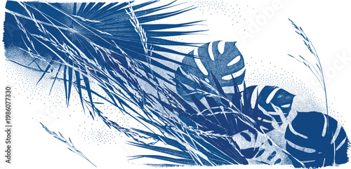 Abstract blue cyanotype illustration of lush tropical foliage and delicate grasses, evoking a serene natural aesthetic with botanical elegance