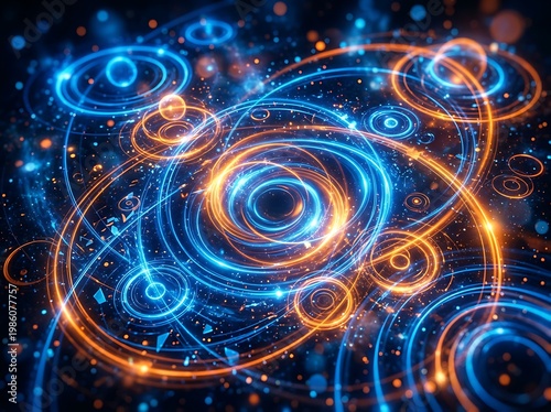 Neonlit swirling patterns of blue and orange circles and spirals with glowing dots on dark background  abstract technology and science concept