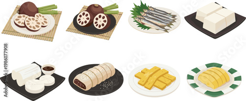 Japanese Traditional Food Side Dish Illustration Set with Tofu Lotus Root Fish and Tamagoyaki for Restaurant Menu and Asian Cuisine Design Collection