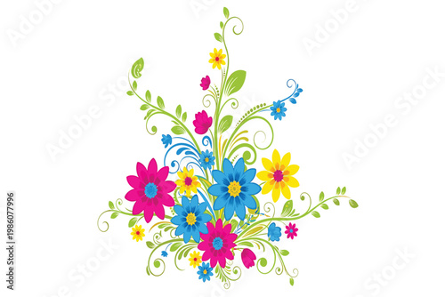Vibrant Floral Garland with Diverse Colorful Flowers and Leaves, Flat Design Vector Illustration on white background
