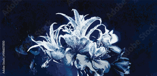 Captivating dreamlike floral bouquet bathed in indigo hues, an artistic still life with a vintage-inspired, high-contrast botanical allure