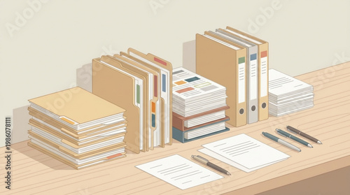 Stacks of office paperwork and files.