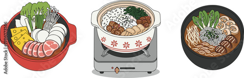 Japanese Hot Pot Nabe Illustration Set with Meat Vegetables and Mushroom Ingredients Cooking in Traditional Pots for Winter Cuisine and Restaurant Menu Design Collection