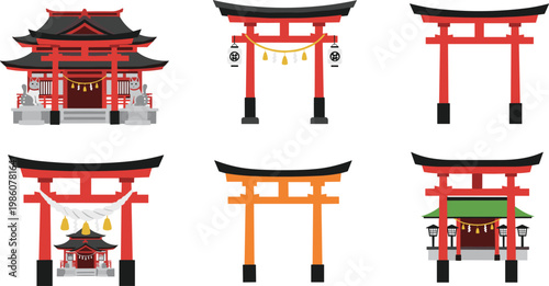 Japanese Shrine and Torii Gate Illustration Set with Traditional Temple Architecture and Cultural Landmark Designs for Travel and Heritage Collection
