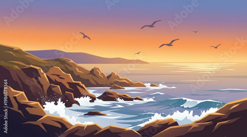 Seagulls flying over ocean waves crashing.