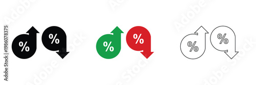 Percentage Arrows Up and Down Icon Set. Icons showing percentage symbols with upward and downward arrows, representing growth, decline, financial trends, and statistical changes.