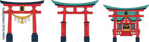 Japanese Torii Gate Illustration Set with Traditional Shrine Entrance Architecture for Cultural Landmark Design and Asian Religious Structure Collection