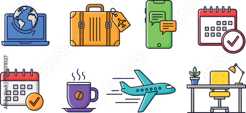 Travel and daily life icon set featuring laptop suitcase calendar coffee airplane workspace and mobile communication symbols