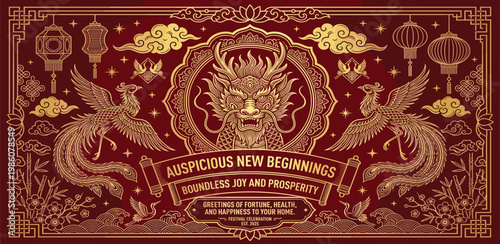 Vibrant Chinese New Year banner with dragon and phoenix, symbolizing fortune and prosperity