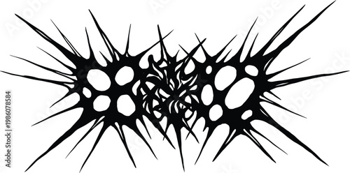 Intricate black abstract symmetrical design resembling a spiky corona or biological cell structure with circular voids