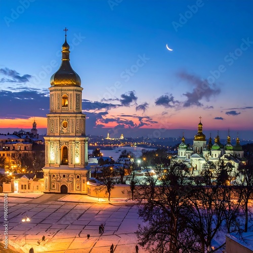 A serene evening scene of a historic city with a large church tower
