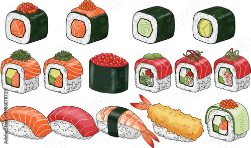 Sushi Roll and Nigiri Variety Illustration Set with Salmon Tuna Cucumber Tempura and Fish Roe for Japanese Cuisine Menu and Restaurant Food Design Collection